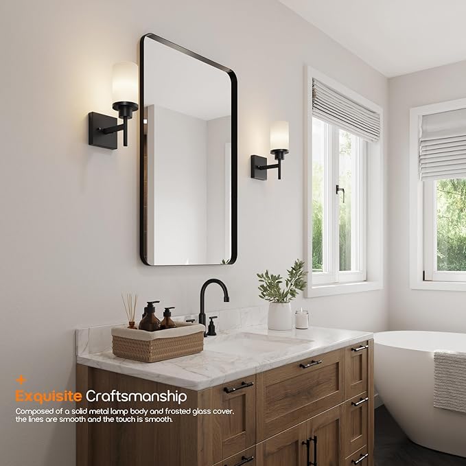 AONEON Wall Light Fixtures Matte Black Bathroom Vanity Lights Over Mirror with White Frosted Glass Shade, Wall Lamps for Porch Entrance, 2 Pack T001MB-L1-P2