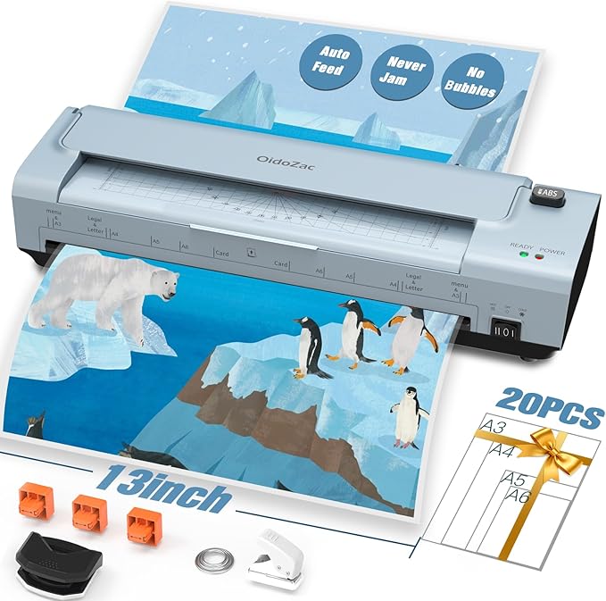 OidoZac 13 Inch Laminator Machine with 20 Laminating Sheets, 11x17 Hot & Cold laminator for Teachers 10 in 1 with Auto Paper Feed, Never Jam Technology Personal Laminator for Home Office School
