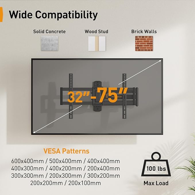 Perlegear Corner TV Wall Mount Long Arm TV Mount Bracket for 32-75 Inch TVs-Full Motion Wall Mount with 32.37” Extension & Swivel Articulating Arm & Tilt, MAX VESA 600x400mm, Holds up to 100 lbs