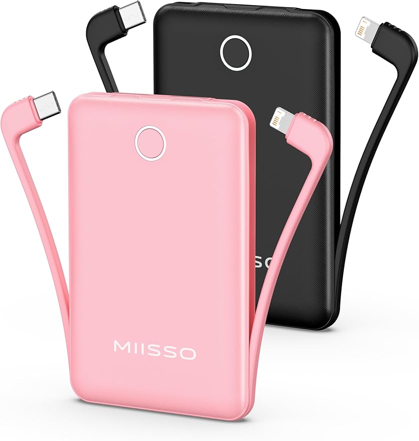 10000mAh Mini Portable Charger with Built in Cable, Pocket Size Power Bank Travel External Battery Pack for Phone, 3 Output USB Type C Cord Clutch Compatible with iPhone, Samsung, 2 Pack Black & Pink