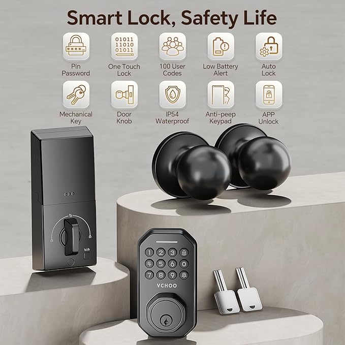 VCHOO Keyless Entry Door Lock with Handle, App Control Door Locks for Front Door, Auto Lock Keypad Door Lock with Handle, Smart Door Lock for Home Hotel Bedroom with 2 Door Knobs