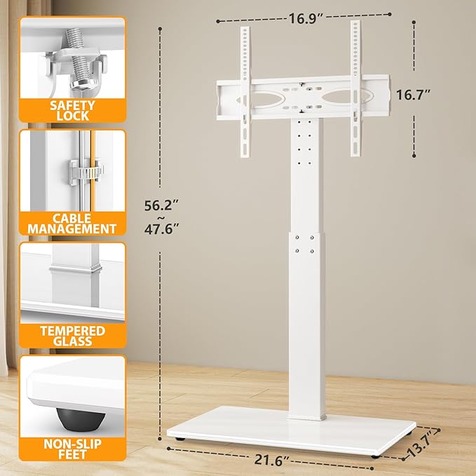 TAVR Universal Floor TV Stand Base for 32-70 Inch TVs up to 110 Lbs with Swivel Height Adjustable Mount, White Tempered Glass Base for Media Storage
