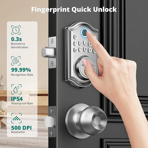 AkaGear DS10 Keyless Entry Door Lock with Door Knob, Fingerprint Door Lock, Electronic Keypad Deadbolt, Smart Door Lock, Smart Locks for Front Door, Auto-Lock - Satin Nickel