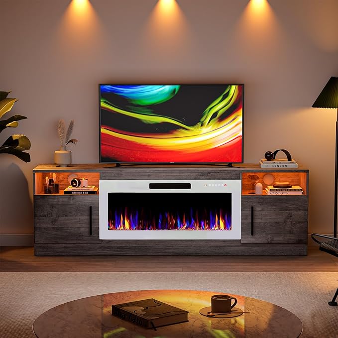 VITESSE TV Stand Fireplace with 36" inch Electric Fireplace Up to 80" TVs, LED Light Entertainment Center, 70" Modern Wood High Gloss with Highlight Storage Cabinet for Living Room (Gray)