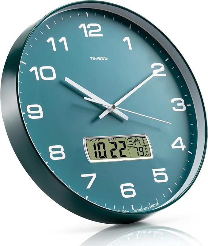 TIMESS Wall Clock, 14" Large Dial Non-Ticking Silent Battery Operated Analog with LCD Display for Perpetual Calendar and F° Temperature, Ideal Modern Home, Bedroom, Kitchen, Office Decor(Green)