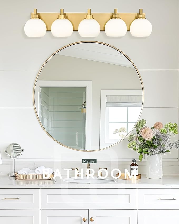 METWET Bathroom Light Fixtures, 5-Light Brushed Gold Bathroom Vanity Lights Over Mirror with Globe Milk White Glass Shade, 32 Inch Modern Vanity Lighting Fixtures, VL195-BG-ML-5