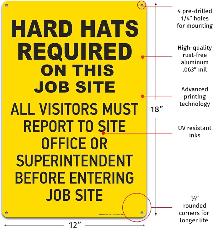Brimar - 12" x 18" - Hard Hats Required on Job Site Sign - .063″ White Rust-Free Aluminum - High Visibility - Easy Installation