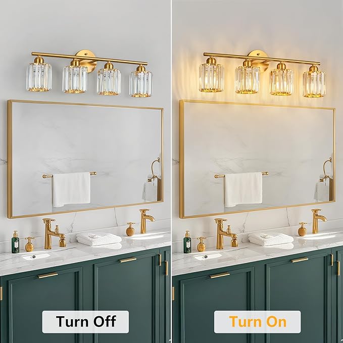 FDPBY Modern 4 Light Crystal Vanity Light, Brushed Gold Vertical Bathroom Light Fixture Over Mirror for Dressing Table Sink, Compatible with Dimmable Bulbs (Bulbs Not Included)