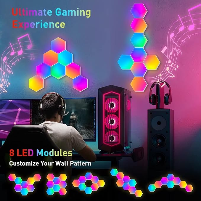 TISOFU Hexagon Lights (8 Pack) LED Wall Panels, RGB Gaming Lights with APP, Smart Modular Panel Hex Tiles Push Glide Expansion Shapes Light
