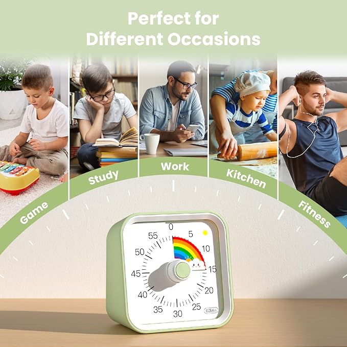 InfPokid Visual Timer for Kids with Pause Function, Cute Silent Timer with Rainbow for Classroom, Teaching, Task, Kitchen, 60 Minute Countdown Time Management for ADHD (Rainbow Green)