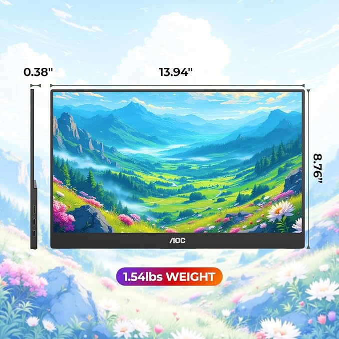 AOC 16T20 Portable Monitor 15.6" FHD 1080p IPS Display, USB-C Portable Laptop Screen, Mini HDMI, Built-in Speakers, Travel Monitor with Smart Cover, Compatible with Laptops, MacBook, PS5, Xbox