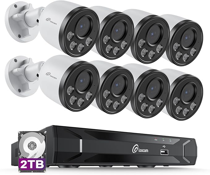 Loocam 8CH PoE Security Camera System 2TB HDD, 4MP Wired Bullet PoE IP Cameras, Person Vehicle Detection, 5MP NVR 24/7 Recording CCTV Home Surveillance Outdoor Indoor, Remote Access, Night Vision
