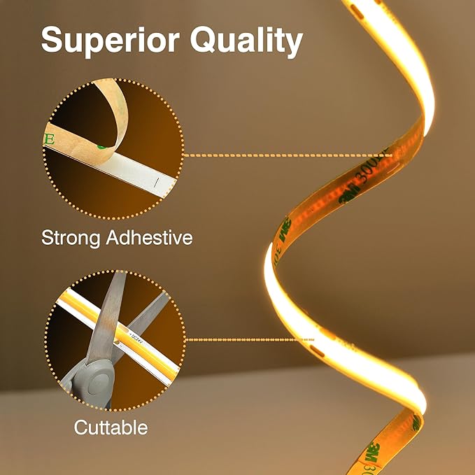 Pandery COB LED Strip Lights Warm White,24V Dimmable led Light Strip KIT with Remote and app Control,3000K 65FT/20m 8mm Wide Ra>90 Cuttable Flexible Strip Lights for Bedroom,Shelf,Cabinet