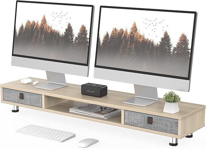 Fenge Monitor Stand, Dual Monitor Stand with 2 Drawers, Monitor Riser for 2 Monitors, Adjustable Height Computer Stand, Office Monitor Stands for Desk, Laptop, PC, TV, Printer