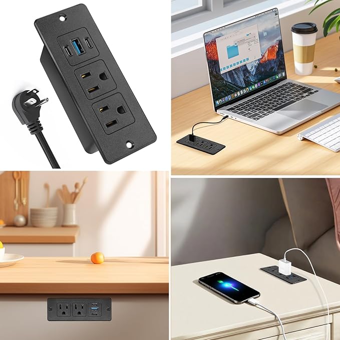 2 Pack Recessed Power Strips USB, 20W Fast Charging Furniture Outlets - 2 AC & 3 USB (2 USB-C + 1 USB-A) for Desk, Bedside, Drawer - Space-Saving, 6FT Cord, Black