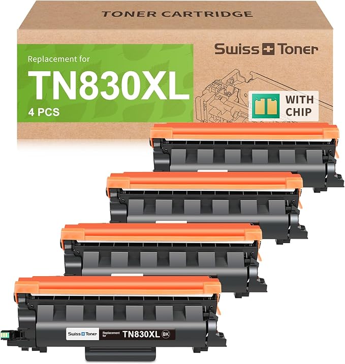 swiss toner Compatible TN830XL TN830 TN830 XL TN-830 TN-830XL Toner Cartridges Replacement for Brother DCP-L2640DW HL-L2460DW L2480DW MFC-L2820DW XL HL-L2405W HL-L2400D 2465DW Printer, 4 Pack Black