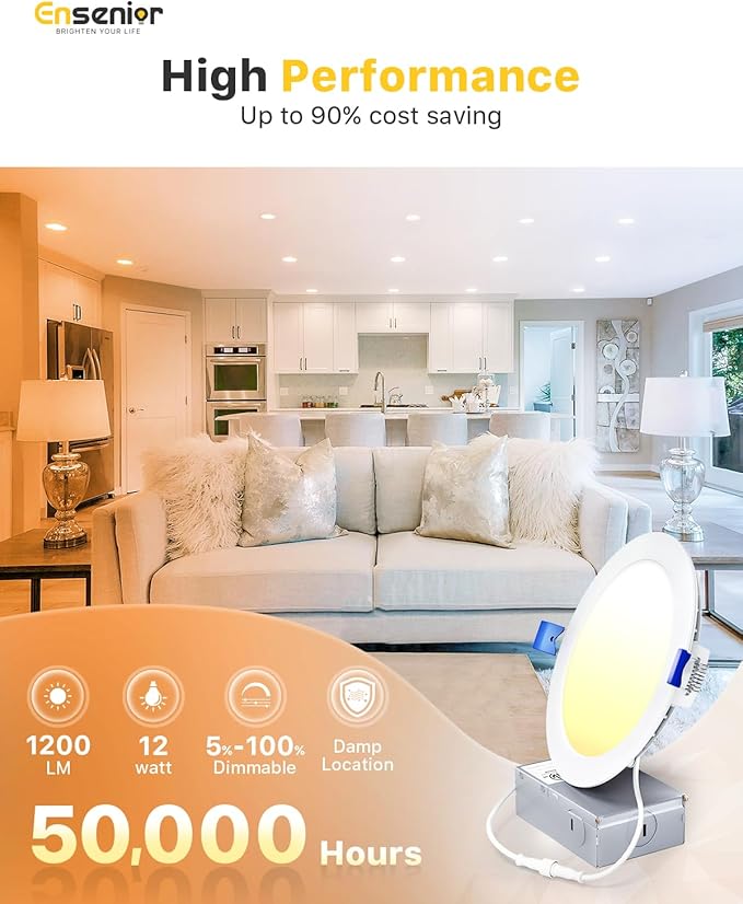 Ensenior 12 Pack 6 Inch LED Recessed Ceiling Light, Dimmable, 5000K Daylight, 1050LM 12W 120V, High Brightness Canless Wafer Downlight - ETL&FCC&IC
