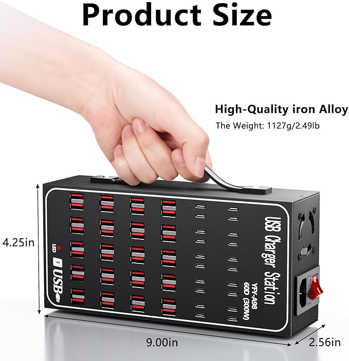 300W USB Charging Station, 60 Port USB C Charger Block, USB Charger hub for Multiple Devices, USB C Multi Charge Compatible with iPhone 17 16 15 14 13, iPad, Samsung Galaxy S23 S24, Pixel