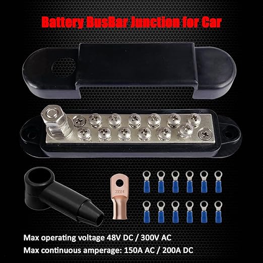 1/4" Stud Power Distribution Block Bus Bar with 12 x #8 Screws, Ampper 5.3" 12V 150A Marine BusBar Battery Distribution Block Kit W/Cover for Car Boat Solar (Black)