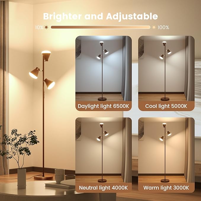 SIBRILLE 36W LED Tree Floor Lamp, Dimmable Tall Standing Lamp with Remote & Touch Control, 4 Color Temperatures Bright Floor Lamp, 3 Rotatable Light Modern Floor Lamps for Living Room Bedroom Office