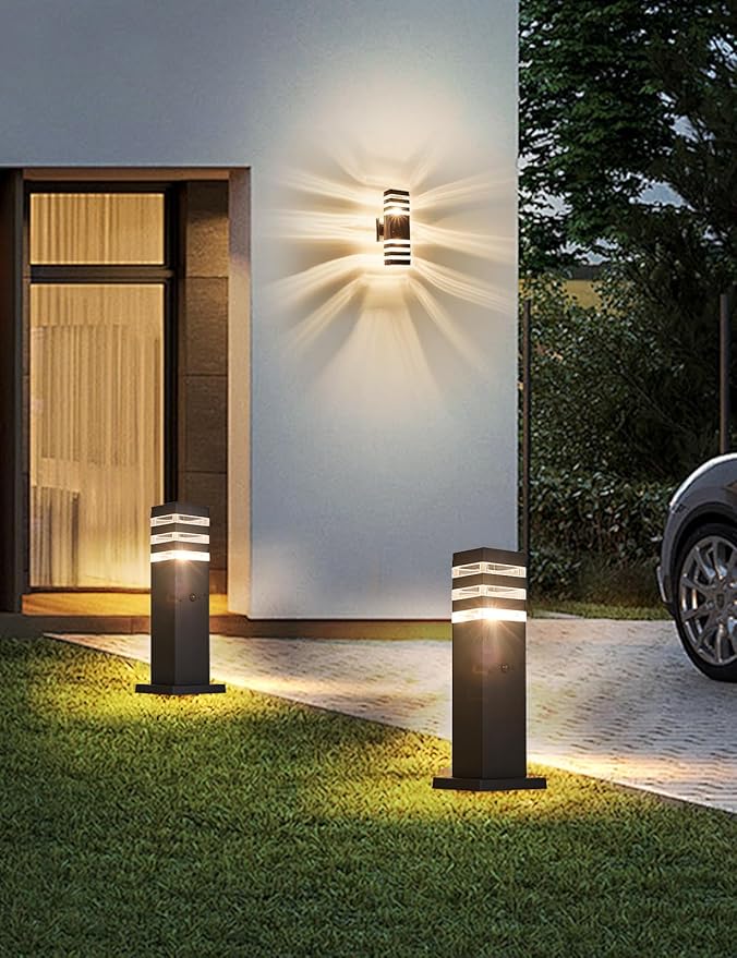 2Pack Motion Sensor Outdoor Floor Lamps Pathway Lights Dusk to Dawn Exterior Pillar Lamps Black Aluminum Poles Lights for Outside, Modern Landscape Path Lamp for Patio, Yard, Garden, Pathway, Driveway