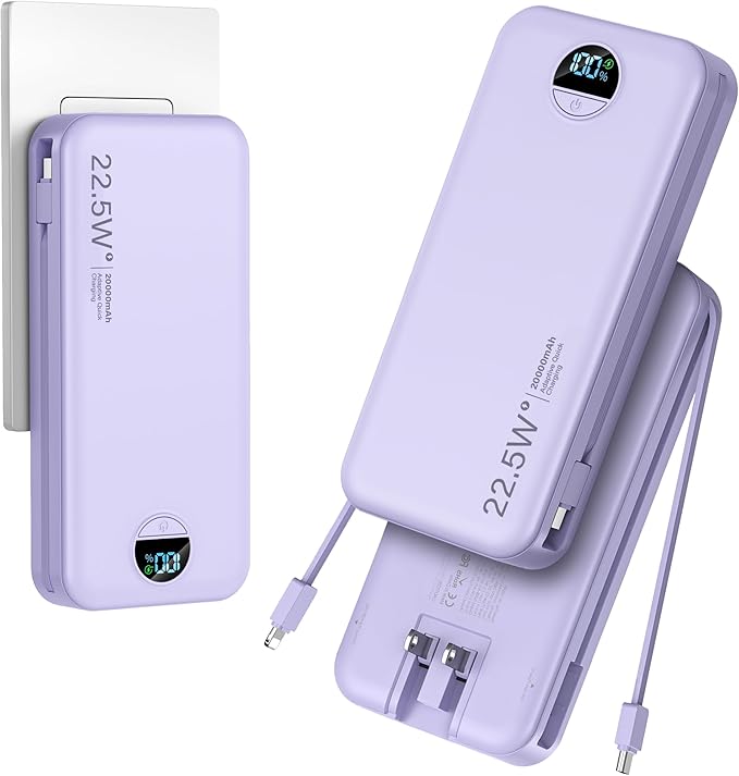 aonidi 20000mAh Ultra-Portable-Charger-Power-Bank PD20W with Built in Cables&AC Wall Plug,Fast Charging Cell Phone Charger Battery Pack,LED Display Travel Battery Bank for All iPhone,Samsung,Android