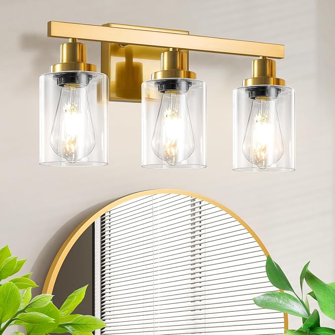 DIKAIDA 3 Light Gold Bathroom Light Fixtures, Bathroom Vanity Light Over Mirror, Gold Wall Sconce Vanity Lighting with Clear Glass Shade,Modern Farmhouse Bath Wall Lamp for Mirror Kitchen