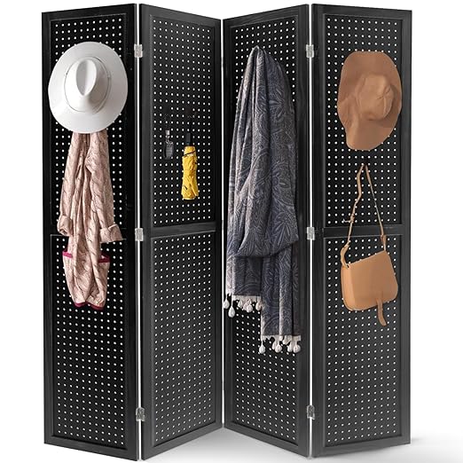Babion 4 Panel Pegboard Display, Peg Board Room Divider Freestanding Folding Privacy Screens Display Stand for Craft Shows (Black)