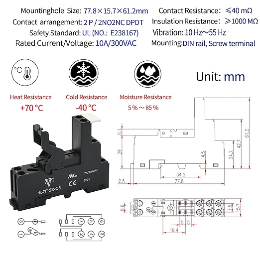 24 Volt Relay with Test Button Miniature 8Amp DPDT with Led Indicator Light and Socket Base (8 Pin- 8A, DC 24V)