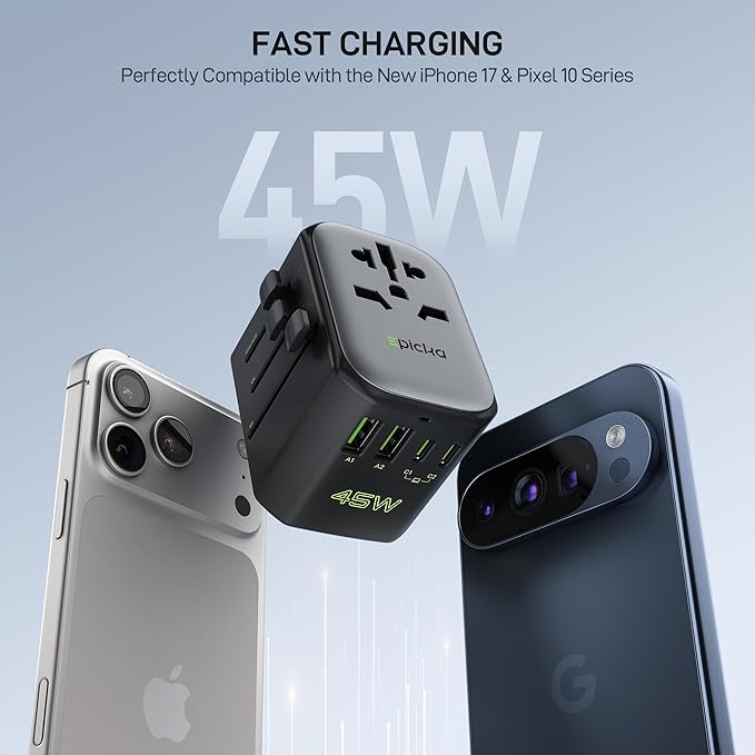 EPICKA Pulse 45W European Travel Plug Adapter, Universal Power Adapter with PD Fast Charging, 5-Port (1 AC/2 USB-A/2 USB-C) International Charger Adapter for Europe, Japan - Travel Essentials (Black)