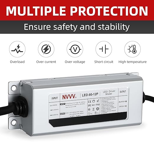 12V LED Driver 60 Watts Waterproof IP68 Power Supply Low Voltage Landscape Transformer AC 90-265V to 12V DC 5A Converter for Indoor Outdoor LED Strip and Any 12 V DC Device