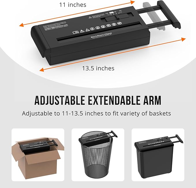 Suntiko Small Paper Shredder for Home, 6 Sheet Strip Cut Paper Shredder Without Basket,Portable Shredder Extendable Arm Design with Overheat Protection for Home Office