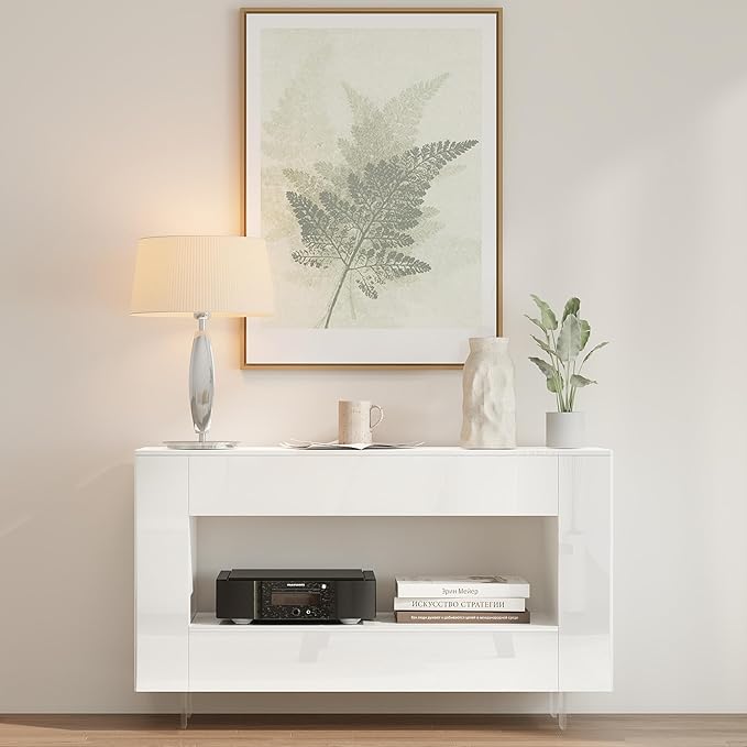 Vavkorkula High Gloss TV Stand for 55 Inch with 2 Large Drawers & Hidden Storage Cabinets, Modern Entertainment Center Television Stands for Living Room Bedroom, White