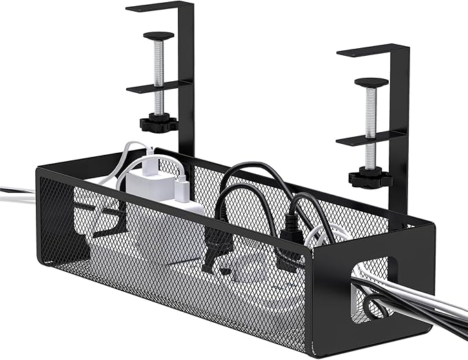 DELAMU Under Desk Cable Management Tray - Cable Management Tray No Drill with F-Clamp Design, Metal Mesh Cord Organizer, Sturdy Wire Organizers for Cords for Home Office Standing Desk, Black