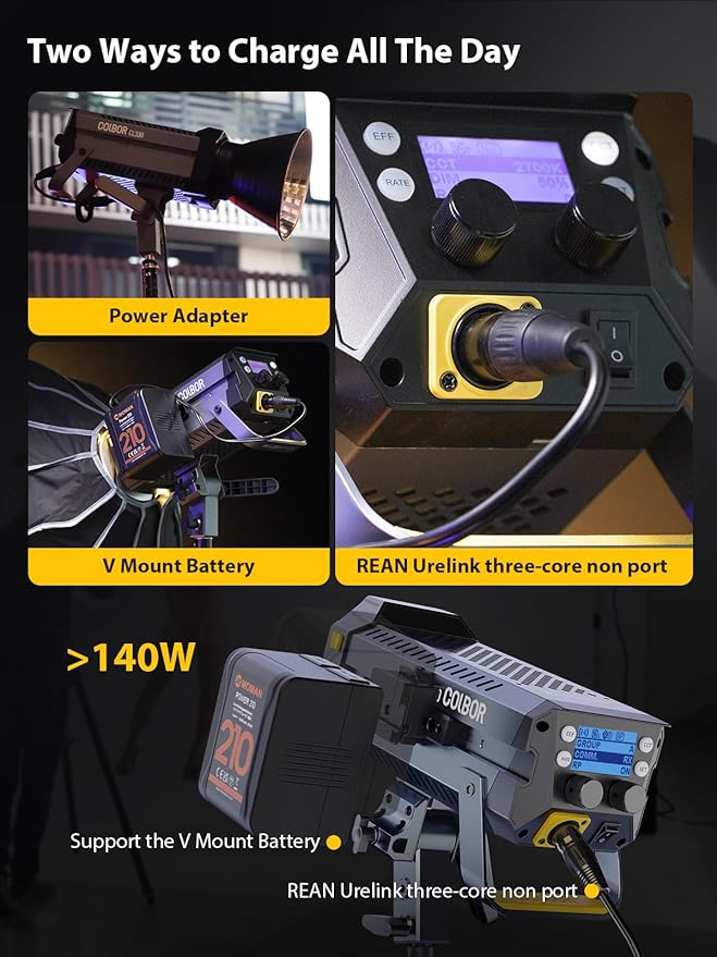 Video Light, COLBOR CL330 Lite 330W Continuous Lighting 2700-6500K Bi-Color CRI96+ 12,400Lux@3.3ft COB Studio Light Professional with 10 Light Effects【Carrying Bag and Reflector NOT Included】