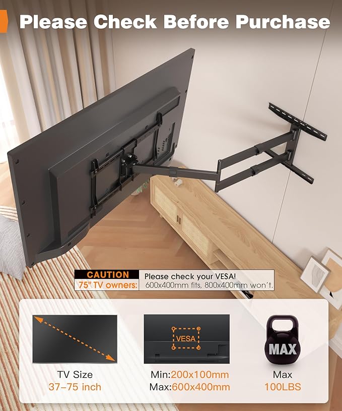 47” Extra Long Arm TV Wall Mount for 37-80 Inch TV, Full Motion Corner TV Mount with Extension Articulating Arm Swivel and Tilt, Max VESA 600x400mm, Fits 16" 18" Studs Up to 99 lbs