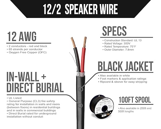 Voltive 12/2 Speaker Wire, in-Wall CL3 & Direct Burial, Black, 100ft - 12AWG, 2 Conductors, Stranded Oxygen-Free Copper, UL Listed - V-1206-1