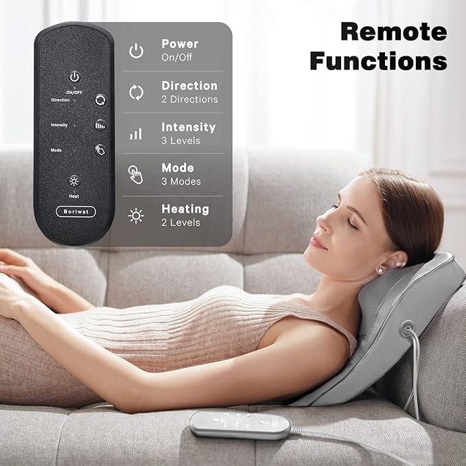 Boriwat Neck and Shoulder Massager with Heat, Shiatsu Massage Pillow with 3D Deep Tissue Kneading for Back Legs Foot Body Pain Relief,at Home Office Car, Gift for Mom & Dad