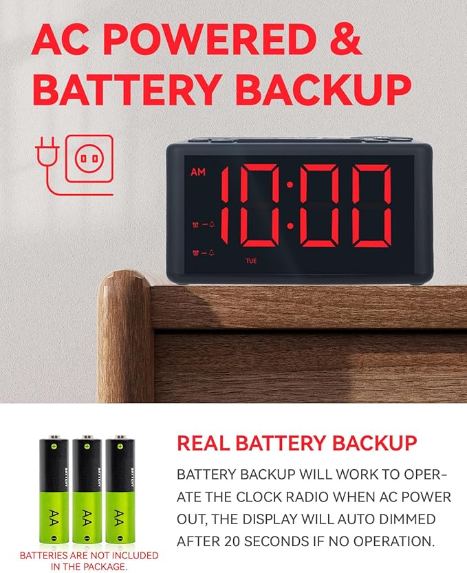 Digital Alarm Clock Radio with AM/FM Radio, Presets, Dual Alarms, Weekday / Weekend Alarm, Snooze, Sleep Timer, Dimmable Red LED Screen for Bedrooms, living rooms, kitchens, offices, etc (Red)