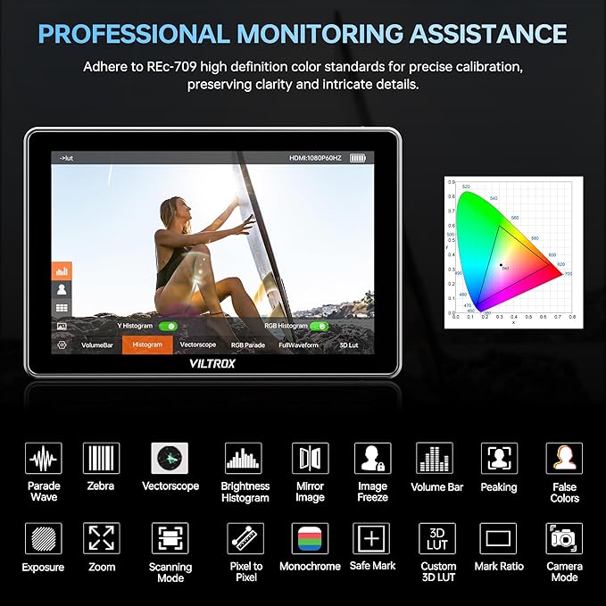 VILTROX DC-L2 7 inch SDI Camera Monitor, 1280x800 IPS HD Touch Screen Camera Field Monitor with 4K HDMI & SDI in/Out, 600 Nit, 3D LUT, Focus Peaking, Video Assist, Full Waveform, F550 Battery