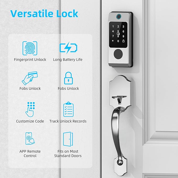 WiFi Smart Locks for Front Door with Handle Sets, Keyless Entry Door Lock Fingerprint Deadbolt, Electronic Digital Touchscreen keypad, App Control, Easy to Install (Silver)