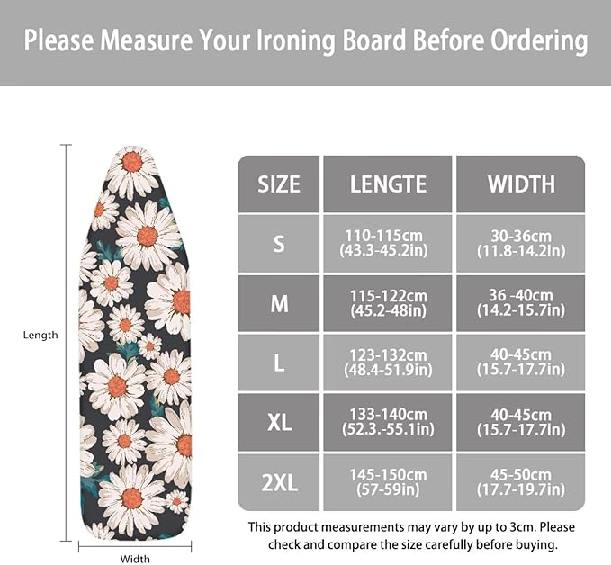 ZCFYGDX Breathable Ironing Board Cover,Resist Scorch Polyester & Staining,Wear & Soil Resistant Covers, Easy Installation 3 Fasteners,Elastic Edges (15 x 48 inch) Oil Painting White Daisy Print