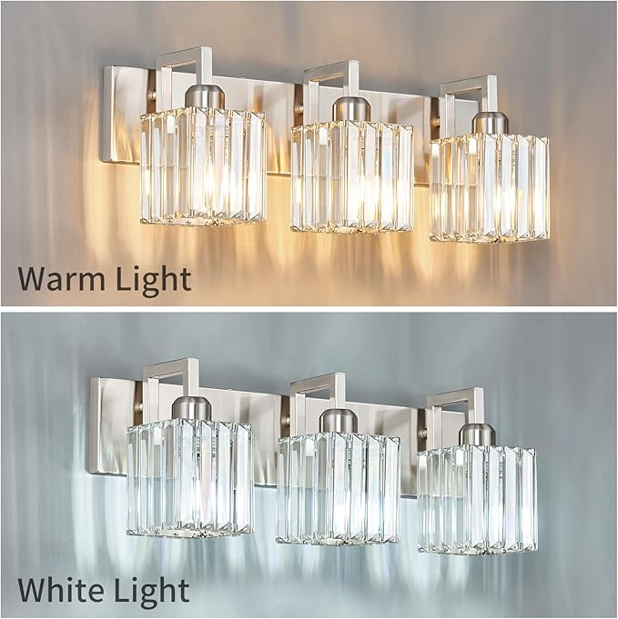 FDPBY Modern Bathroom Vanity Light 3-Lights Brushed Nickel Vanity Light Crystal Wall Light Bathroom Light Fixtures