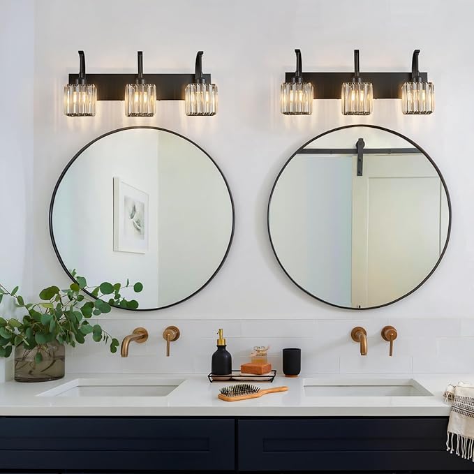 FDPBY Crystal Vanity Lights 3-Light Black Bathroom Vanity Lights Modern Crystal Bathroom Light Fixtures Over Mirror 23.62" Long Vanity Light for Bathroom