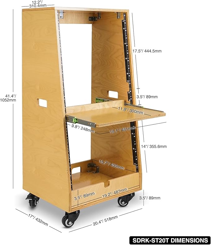 Sound Town DIY Slanted 20U Studio Rack (12U Top + 8U Lower), with 2U Bottom Storage, Slide-Out Tray, Caster, Plywood, Golden Oak For Recording Room, Home Studio (SDRK-ST20T)