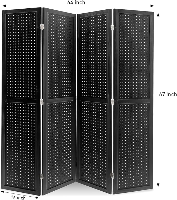 ECOMEX 4 Panel Room Divider, 5.6Ft Pegboard Display Wooden Room Divider Folding Privacy Screen Room Divider Freestanding Peg Board Display for Trade Show Craft Show Home Wall Organizer, Classic Black