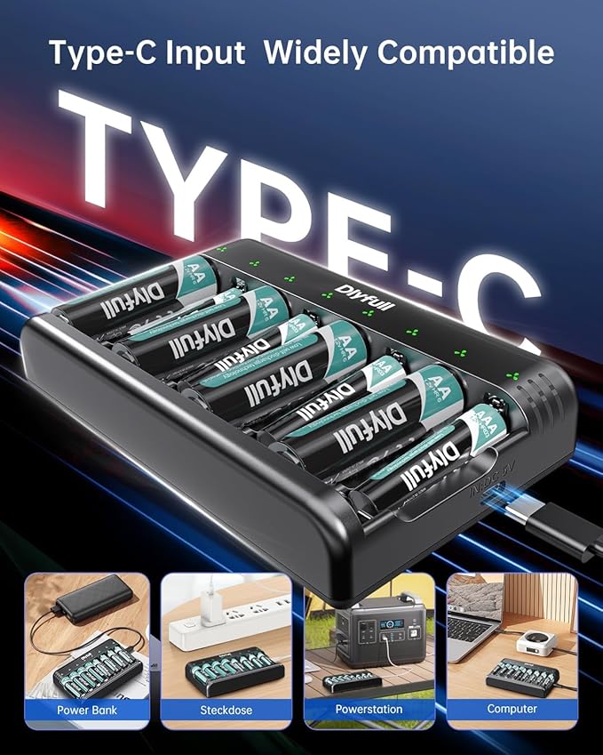 Rechargeable AA Batteries with Charger, Dlyfull 8 Pack of 2800mAh High Capacity Low Self Discharge Ni-MH Double A Batteries with 8 Bay AA AAA Battery Charger (USB-C Fast Charging, Independent Slot)
