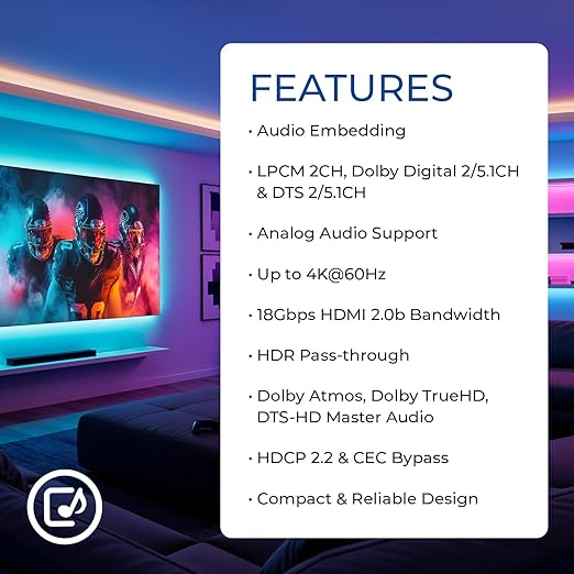 OREI 4K HDMI Audio Embedder, Audio Embedder Inserter Digital Analog Audi + DVI to HDMI Support TOSLINK Optical 3.5mm Jack AUX Sound Input 4K60Hz 18Gbps HDR HDCP2.2