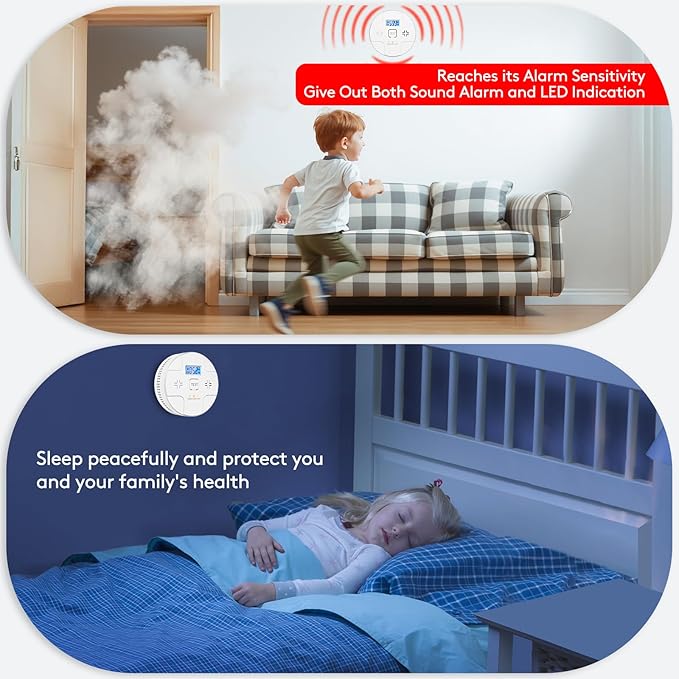 2 in 1,Combination Smoke and Carbon Monoxide Alarm,Detect CO,85 dB Alert,LCD Digital Readout,with 3 * 1.5V AA Batteries,Low Battery Warning,Self Test Button,Easy Installation and Maintenance
