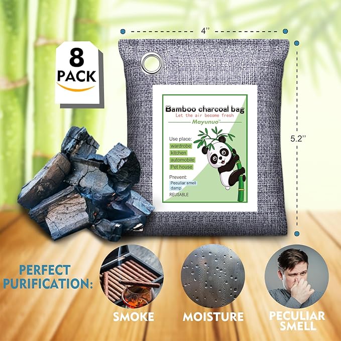 Mayunuo Activated Charcoal Odor Absorber for Strong Odor, Basement, Cars, Closets, Shoes, Smoke. 8 Pack Bamboo Charcoal Air Purifying Bags Deodorizer Odor Eliminator for Home
